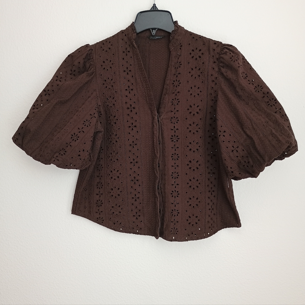 Zara Dark Brown Eyelet Puff-Sleeve Blouse